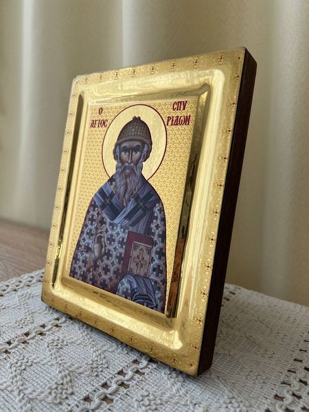 Ікона Святого Спиридона Триміфунтського на полірованому золотому тлі 16&times;20 см (Греція) 5-701816141 фото
